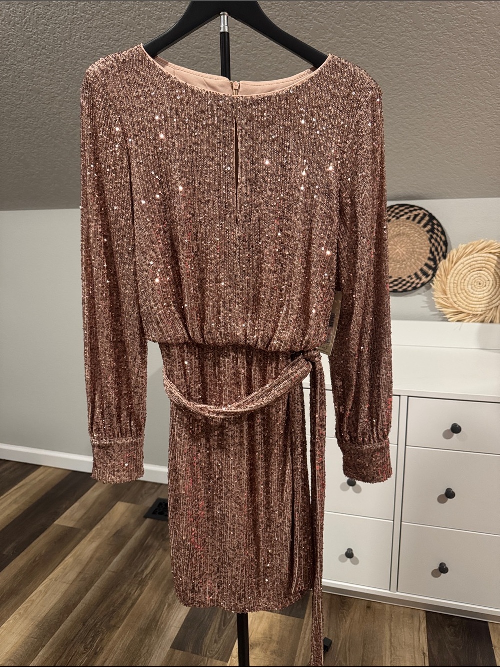 Eliza J Rose Gold Sequin Long-Sleeve Belted Dress